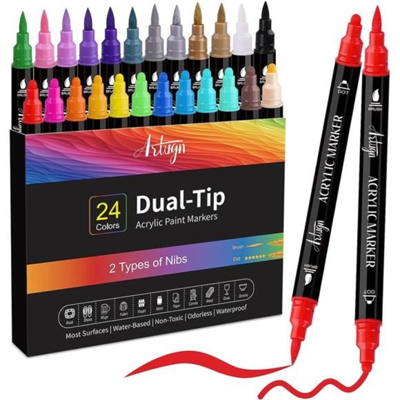 24 Colors Acrylic Paint Pens, Dual Tip Pens With Medium Tip and Brush Tip - Picture 1 of 7